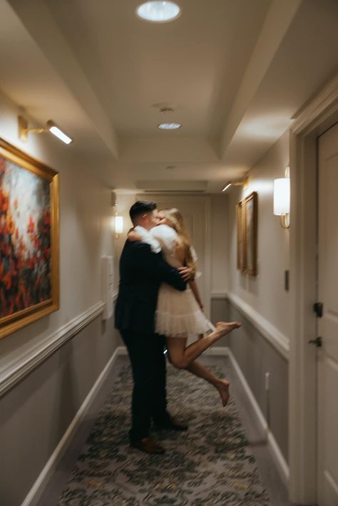 Revolving Door Photoshoot, Fiance Photoshoot Ideas, Fancy Hotel Engagement Photos, Hotel Photoshoot Ideas Couple, Hotel Lobby Engagement Photos, Hotel Couple Photoshoot, Hotel Room Engagement Photos, Hotel Engagement Shoot, Fiance Photoshoot