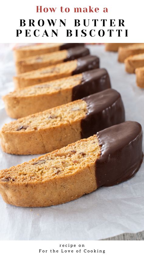 These irresistibly crispy brown butter pecan biscotti have a rich, nutty flavor and are dipped in dark chocolate to make them extra special.     #recipes #biscotti #brownbutter #desserts #easyrecipe #cookies Pecan Biscotti Recipe, Christmas Biscotti Recipe, Pecan Biscotti, Easy Biscotti Recipe, Almond Biscotti Recipe, Chocolate Melting Wafers, Dark Chocolate Almonds, Almond Biscotti, Biscotti Cookies