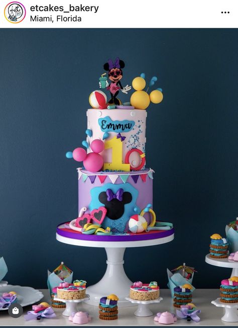 Minnie Summer Birthday, Minnie Pool Party Cake, Minnie Mouse Pool Party Cake, Minnie Mouse Pool Party Ideas, Minnie Mouse Swim Party, Pool Cupcakes, Beach Birthday Cake, Mickey And Minnie Cake, Pool Party Cakes