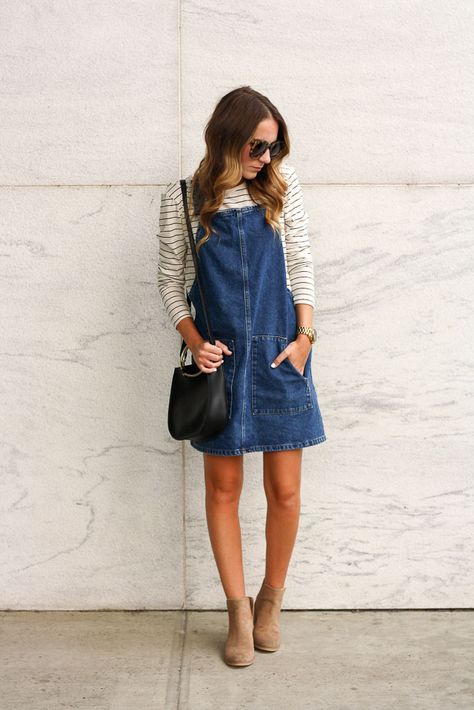 How to Style a Pinafore Dress - Twenties Girl Style  Pinafore Dress // Denim Dress // Overall Dress // Striped Top Denim Overalls Dress Outfit, Denim Dress Overalls Outfit, Overall Jean Dress Outfit, Denim Pinafore Outfit, Denim Pinafore Dress Outfit, Denim Jumper Dress Outfit, Overall Dress Outfit Summer, Denim Overall Dress Outfit, Shirt Under Dress Outfit