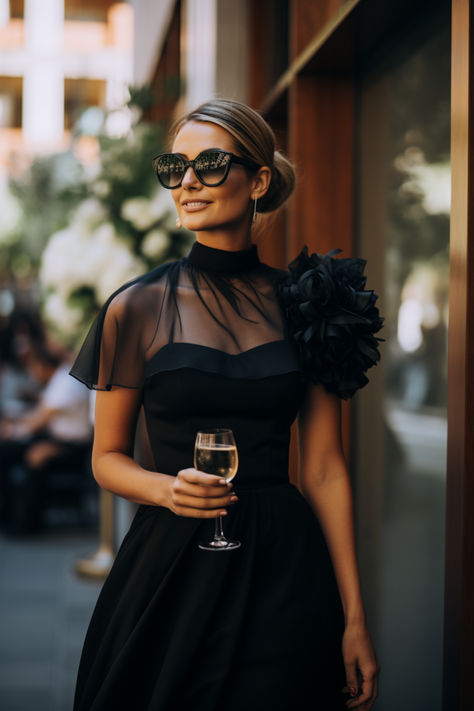 female guest at a wedding. She is wearing a black cocktail dress and her hair is tied up in a chic bun. She is wearing sunglasses and holding a glass of wine. Hairstyle For Black Dress Outfit, Wedding Guest Outfit Black Dress, Black Dress And Pearls Outfit Classy, Black Dress And Pearls Outfit, Black Dress With Pink Shoes, Black Dress With Gold Heels, Shoes With Black Dress, Black Dress To A Wedding, Black Dress For A Wedding