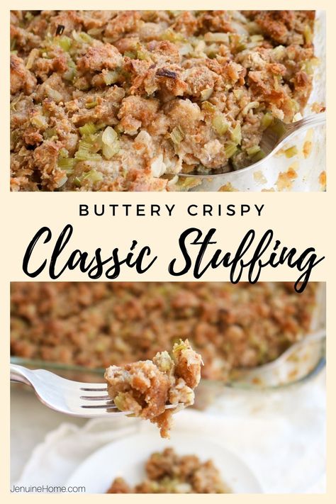 Classic homemade stuffing made from scratch for that savory side dish for Thanksgiving or Christmas. Crispy edges and buttery herb flavor can't be beat! #jenuinehome #stuffing #stuffingrecipe #traditionalstuffingrecipe #herbstuffing #thanksgivingrecipe #thanksgivingstuffing #thanksgivingsidedish #christmasrecipe #christmassidedish #holidayrecipes #holidaysidedish #comfortfood Bells Stuffing Recipe, Vintage Stuffing Recipe, Home Made Stuffing Recipe, Moist Stuffing Recipe, Homemade Stuffing Recipe, Moist Stuffing, Traditional Stuffing Recipe, Homemade Stuffing Recipes, Side Dish For Thanksgiving