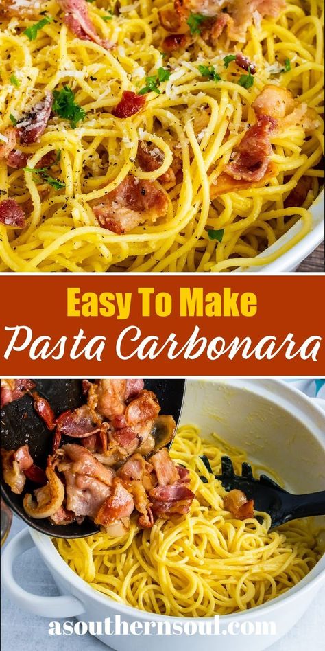 Pasta Carbonara is a classic recipe that’s simple to make with just a few ingredients. Cooked spaghetti tossed in a rich, silky sauce made with eggs and Parmesan cheese then sprinkled with smokey bacon makes a delicious dish perfect for a family meal or entertaining! Bacon Carbonara Pasta, Bacon Carbonara, Pasta Carbonara Recipe, Greek Salad Pasta, Greek Pasta, Carbonara Recipe, Easy Chili, Pasta Carbonara, Romantic Meals