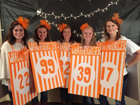 Whataburger costume! Whataburger Halloween Costumes, Whataburger Costume, Whataburger Party, Teacher Halloween Costumes Group, Sushi Halloween Costume, Risky Business Costume, Shoebox Float, Sushi Halloween, Letter Of The Week Crafts