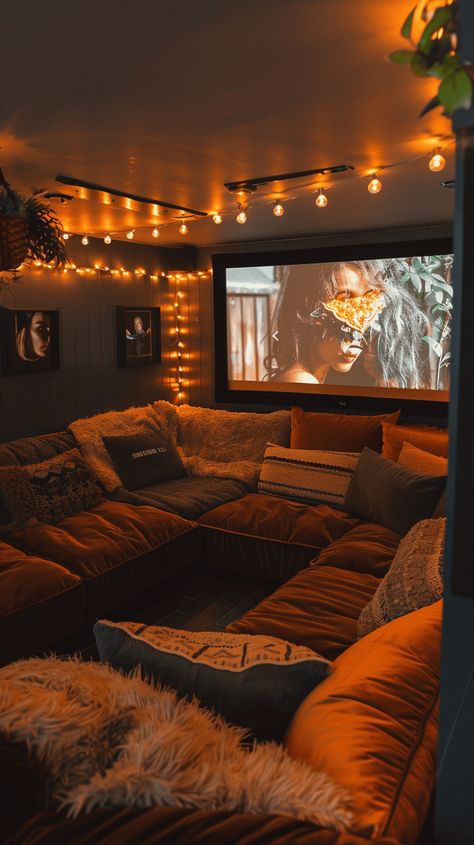 House Theater Ideas, Aesthetic Home Cinema, Comfy Movie Room Ideas, Simple Movie Room Ideas, At Home Cinema Room, Movie Tv Room, Home Cinema Living Room, Cozy Cinema Room, Cozy Movie Room Aesthetic