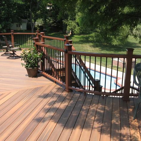 Deck Black Railing, Small Garden Decking Ideas, Black Spindles, Black Railing, Garden Decking, Decking Ideas, Staining Deck, Cool Deck, Deck Railings