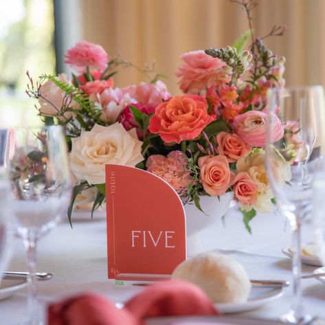 Kelly + Brian's colourful day 🧡 Tie everything together with some beautiful on-the-day essentials like table numbers, menus and place… | Instagram Colourful Wedding Flowers Table, Low Centerpieces Wedding Round Table, Round Table Wedding Decor Colourful, Colourful Flower Centrepiece Wedding, Pink And Orange Wedding Signage, Bright Floral Wedding Table Settings, Round Table Centerpieces Wedding, Red Barn Wedding, Deco Pastel