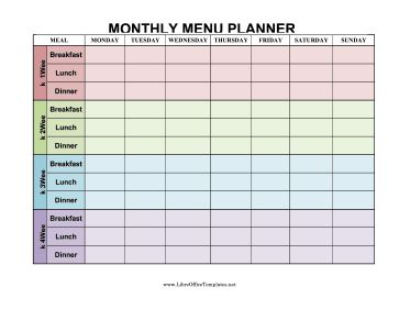 This printable four-week menu planner is divided into breakfast, lunch and dinner for each day of the week with colored squares. Free to download and print Monthly Menu Planner, Cover Sheet Template, Dinner Planner, Monthly Menu, Colorful Planner, Week Schedule, Family Tree Template, Menu Planner, Teacher Templates