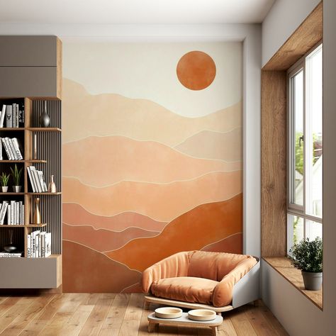 Printed on demand to fit perfect on your wall. Buy 3x4 Aspectratioterracotta37 wallpaper today or come in and see our other designs. Welcome to Happywall.com! Wall Painting In Living Room, Southwest Wallpaper Accent Wall, Paint Decal On Wall, Half Textured Wall, Boho Wall Paint Ideas, Orange Wall Mural Ideas, Home Wall Painting Ideas Living Rooms, Focal Wall Dining Room, Diy Wall Mural Ideas Creative