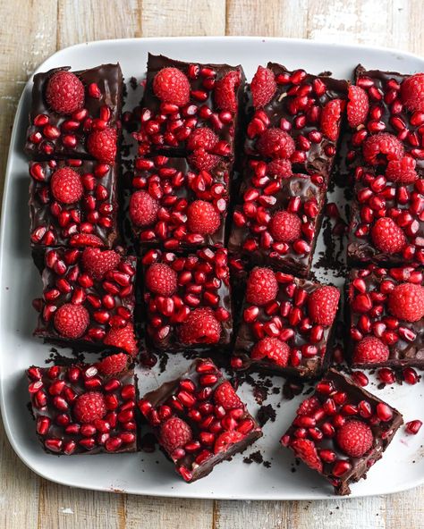 Raspberry Pomegranate Ganache Bars - by Sam Pomegranate Frosting, Pomegranate Dessert, Raspberry Caramel, Raspberry Ganache, Italian Rainbow Cookies, Pecan Sticky Buns, Raspberry Desserts, Vanilla Marshmallows, Baking Cookbooks