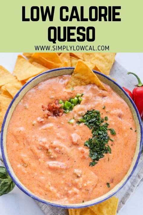 Low calorie queso is a twist on the beloved cheesy dip, offering all the creamy goodness. This creamy cheese dip is an easy appetizer. Low Calorie Dip Recipes, Low Calorie Dips For Chips, Low Calorie Cheese Dip, Quest Cheese Dip, Ww Queso Dip, Creamy Cheese Dip, Low Calorie Cheese, Baked Tortilla Chips, Cheesy Dip