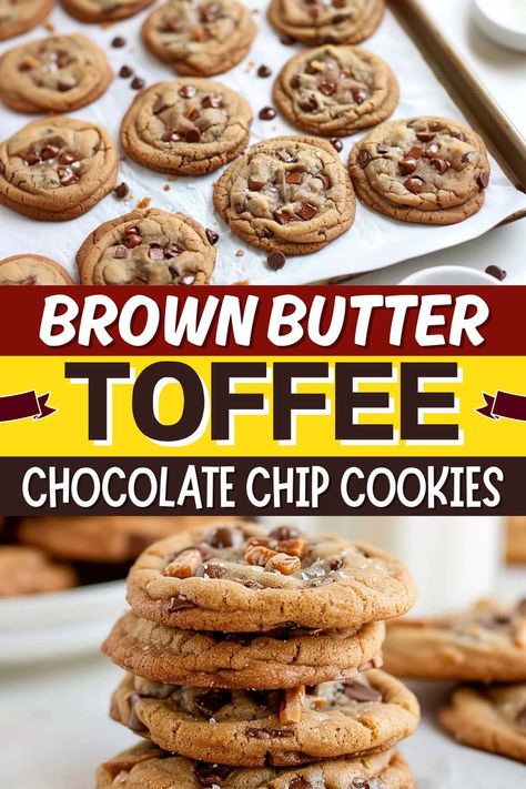 These brown butter toffee chocolate chip cookies are rich and nutty with gooey pockets of chocolate and crunchy toffee bits in every bite. Brown Butter Chocolate Chip Toffee Cookies, Beer Butter Cookies, Brown Butter Trash Can Cookies, Browned Butter Toffee Chocolate Chip Cookies, Toffee Chips Recipes, Brown Butter Cookie Bars, Recipes With Toffee Bits, Browned Butter Cookies, Cookies Toffee Bits