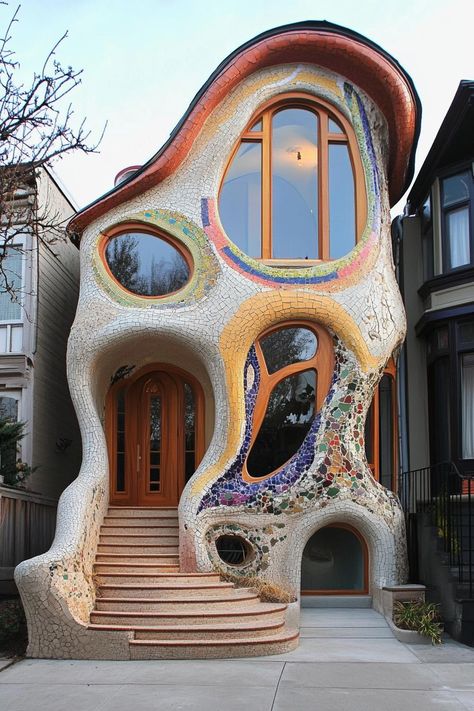 Irregular House Design, Cool Structures, Weird Houses Unusual Homes, Unique Architecture House, Mosaic Architecture, Funky Houses, Weird Architecture, Quirky House, Colorful Architecture