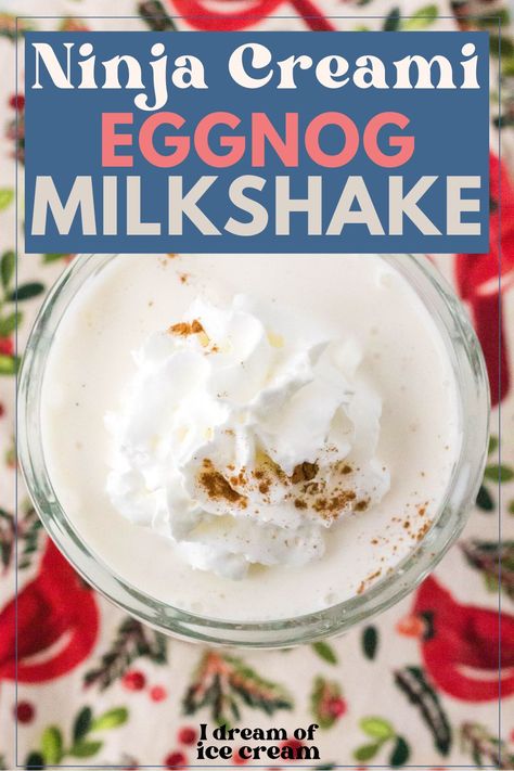 Learn how simple it is to make a delicious eggnog milkshake in your Ninja Creami machine! Basic ingredients transform into a rich and creamy holiday treat that's perfect for Christmas time! Egg Nog Ninja Creami, Ninja Creami Milk Shakes, Christmas Ninja Creami Recipes, Ninja Creami Milkshakes, Ninja Creami Milkshake Recipe, Eggnog Milkshake, Eggnog Shake, Eggnog Ice Cream, Almond Milk Ice Cream