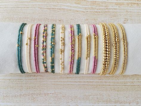 Bead Bracelet Sets, Beaded Bracelet Stack, Gold Stretch Bracelet, Bracelets Handmade Beaded, Seed Bead Bracelets, Metallic Accents, Set For Women, Bracelet Stack, Green Gold