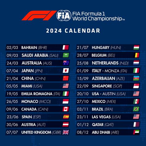 2024 FIA Formula 1 Calendar Announced | Federation Internationale de l'Automobile F1 Calendar, Race Calendar, Las Vegas Usa, Formula 1 Car Racing, Formula 1 Car, F1 Racing, Moto Gp, Bahrain, Baku