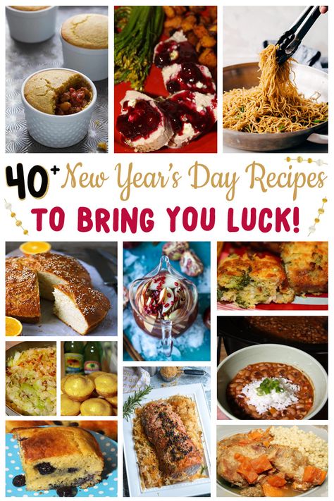 Every year for New Year's Day I cook a traditional big family meal to celebrate. I always include a few recipes that are said to bring good luck and today I'm sharing those recipes and many more! Make them at home to bring luck, prosperity, and happiness in the New Year! New Years Day Dinner, Nye Food, New Years Day Meal, Lucky Food, Big Family Meals, New Years Eve Food, New Years Eve Dinner, New Years Dinner, New Year's Eve Recipes