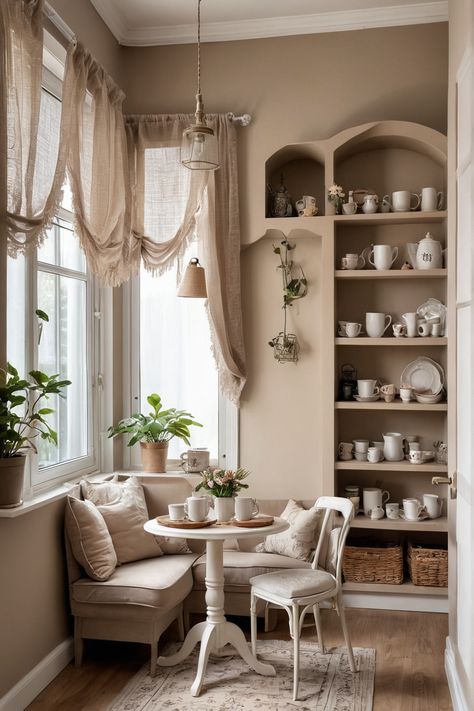 Cozy corner with a small table, chairs, plants, and shelves filled with cups and teapots. Coffee Nook With Seating, Shabby Chic Interior Design Style, Coffee Nook Ideas, Cozy Coffee Corner, Cozy Coffee Nook, Coffee Corner Ideas, Coffee Nooks, Micro Bakery, Nook Inspiration