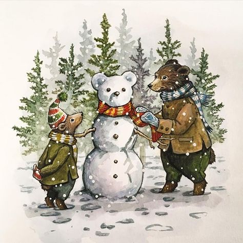 Watercolor Paintings Of Animals, 동화 삽화, New Year Art, Western Massachusetts, Happy December, The Pines, Christmas Card Crafts, Christmas Holiday Cards, Christmas Illustration