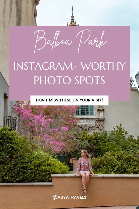 Visit all the best photo stops in Balboa Park with this guide to Instagram-worthy spots! Read the blog for all the details and an interactive map! Balboa Fun Zone Photoshoot, Balboa Island Photoshoot, Balboa Park San Diego Photo Shoot, San Diego Photography Locations, Most Instagrammable Places In Los Angeles, California Nature, Spanish Style Architecture, San Diego Photography, Park Pictures