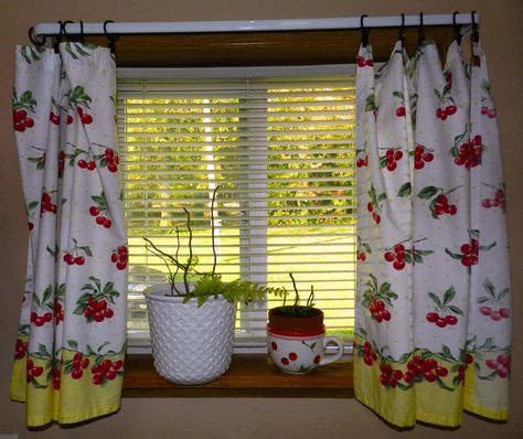 cherries, cherry theme, fern, cherry curtains, blind, red and white, window scene, jeanasina, view, window sill, curtain clips, window slider, yellow and white, retro, retro curtains, vintage kitchen, cottage kitchen, vintage cottage kitchen Vintage Cottage Kitchen, Cherry Theme, Embroidered Fruit, Curtains Vintage, Red Dinnerware, Kitchen Cottage, Retro Curtains, White Window, Curtain Clips