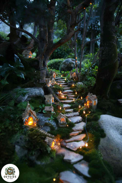 Bring a touch of magic to your backyard with a whimsical fairy garden, where enchanted paths and miniature houses await. Tap to explore more enchanting garden ideas! Gnome Gardens Outdoor, Fairy Garden Yard Ideas, Secret Fairy Garden Ideas, Fairy Garden Tree Ideas, Magical Cottage Garden, Enchanting Garden Ideas, Fantasy Garden Ideas, Magical Yard Ideas, Whimsical Yard Ideas