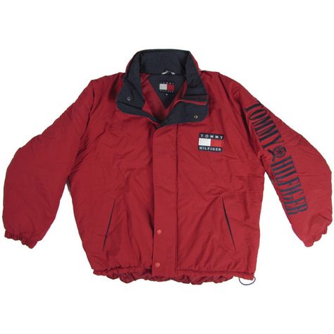 TOMMY HILFIGER JACKET 90s Vintage Retro Coat Size Medium ($241) ❤ liked on Polyvore featuring outerwear, jackets, tops, coats & jackets, red jacket, vintage jackets and retro jackets