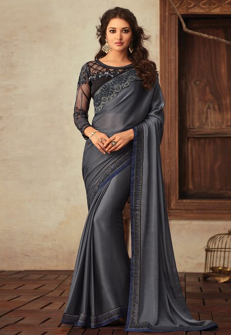 A full sleeve blouse with net sleeves and embroidered work with the sleeve.. Boat neck saree blouse design:. Black floral embroidered women’s blouse sleeveless with the back open fabric:. It is one of the latest styles in blouse neck designs, which women use widely.You can look new details of Blouse Designs For Grey Saree by click this link : view details Georgette Saree With Blouse, Grey Saree, Full Sleeve Blouse, Saree Jewellery, Saree Style, Indian Designer Sarees, Saree Gown, Indian Saree Blouse, Indian Saree Blouses Designs