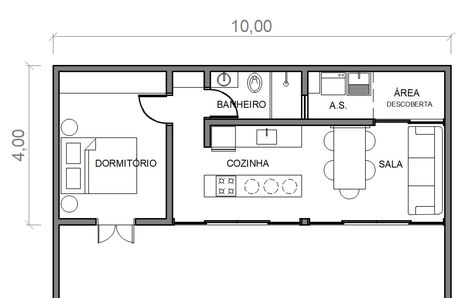 PROJETO DE EDÍCULA DE 4x10m PARA MORADIA OU LAZER House Plans South Africa, Narrow House Plans, Casa Country, House Floor Design, Small House Floor Plans, Narrow House, Apartment Layout, Minimal Space, Small House Plans