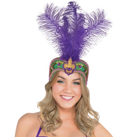 "With this Over the Top Feather Bejeweled Mardi Gras Headband from Michaels. com, you'll fit right in on Bourbon Street. The headband features a green base covered in sequins and gems, a glitter fleur-de-lis right in the center, and a fan of purple feathers to complete the look. With this Over the Top Feather Bejeweled Mardi Gras Headband, you'll fit right in on Bourbon Street. The headband features a green base covered in sequins and gems, a glitter fleur-de-lis right in the center, and a fan o Mardi Gras Headband, Purple Feathers, Mardi Gras Costumes, Purple Feather, Mardi Gras Party, Bourbon Street, Costume Outfits, Party City, Over The Top