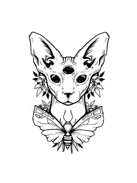 3 Eyed Sphynx Cat Tattoo, 3 Eyed Cat Tattoo, Three Eyed Cat Tattoo, Sphynx Cat Tattoo, Sphinx Tattoo, Cat Skull Tattoo, Cat Face Tattoos, Designer Tattoo, Chat Sphynx