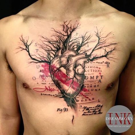 Tree Tattoo Chest, Tatuaje Trash Polka, Trash Polka Tattoo Designs, Tattoo Trash, Anatomical Heart Tattoo, Tattoo Heart, Trash Polka Tattoo, Tree Tattoo Designs, Pieces Tattoo