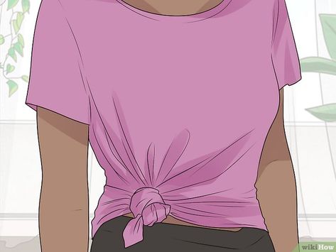 Tank Top Tied In A Knot, How To Tie Shirt Strings, Tee Shirt Tying Hack, Knot In T Shirt, How To Tie A Tee Shirt Knot Tutorial, T Shirt Side Knot, Tied T Shirt Outfit, Tie Up Tshirt Knot Diy, Ways To Tie An Oversized Shirt