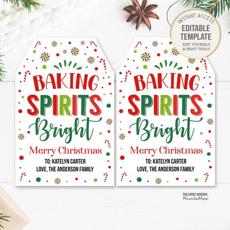 Baking Spirits Bright Christmas Gift Tags Bakery Holiday Treat Tag Cake Cookies Homemade Teacher Coach Staff Co-worker Neighbor Editable Holiday Baking Gifts, Xmas Labels, Baking Spirits Bright, Cookie Bakery, Baking Gift, Favour Tags Template, Making Spirits Bright, Text Graphics, Candy Cookie