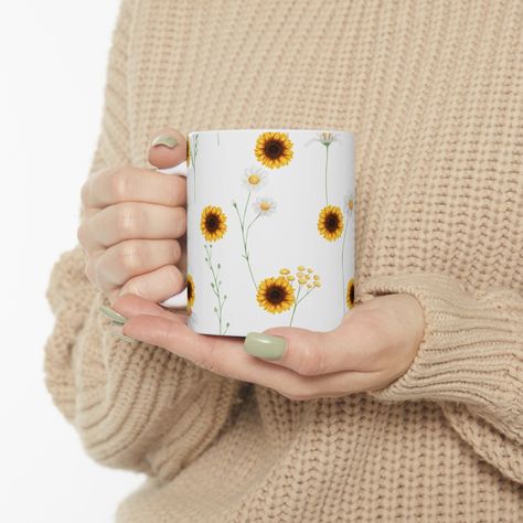 Sunflower Pottery, Pottery Sunflower, Sunflower Mug, Cup Pottery, Rays Of Sunshine, Garden Gift, Sunflower Design, Evening Tea, Garden Gifts