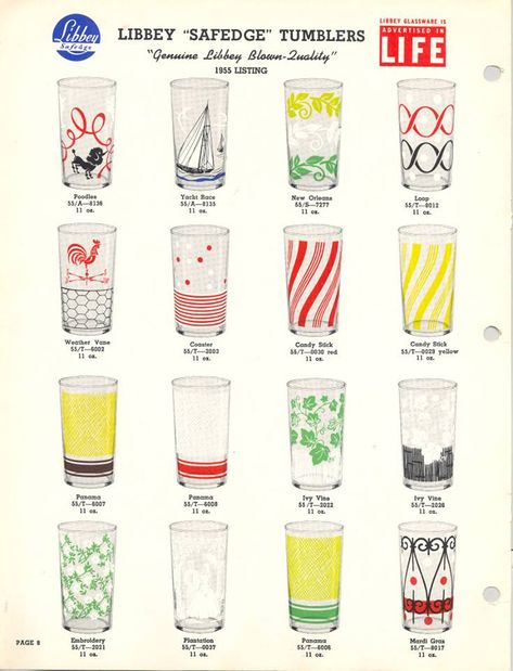 Libbey Glass Co., 1955. Vintage drinking glasses - I would love it if they made these designs again Retro Drinking Glasses, Vintage Libbey Glassware, Drinking Glass Design, Mcm Glassware, Libby Glassware, Swanky Swigs, Kitchen Glassware, Vintage Catalog, Retro Glassware