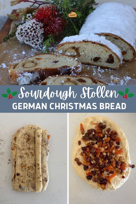 Sourdough stollen is a traditional German Christmas bread made with dried fruit, nuts, butter and marzipan. A sweet Christmas delight! Sourdough Stollen Recipe, Sourdough Christmas Bread, Sourdough Stollen, Christmas Tree Sourdough, German Christmas Bread, Sourdough Christmas, Stollen Bread, Pantry Mama, Christmas Bread Recipes