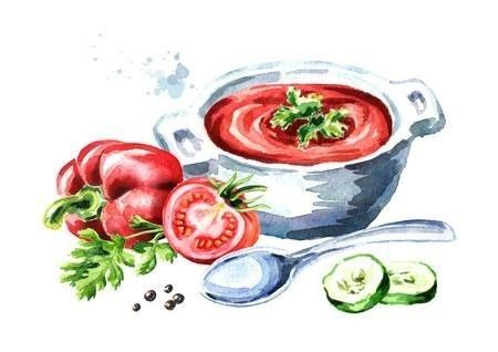 Soup Watercolor, Watercolor Food Illustration, Food Illustration Design, Watercolor Food, Food Painting, Hand Drawn Illustration, Gazpacho, Drawn Illustration, Banner Printing