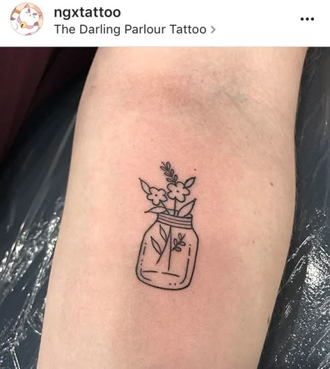 Mason Jar Tattoo Small, Plant In A Jar Tattoo, Flowers In Jar Tattoos, Mushroom Jar Tattoo, Jar Of Flowers Tattoo, Mushroom Minimalist Tattoo, Canning Tattoo, Tiny Filler Tattoos, Minimalist Patchwork Tattoo