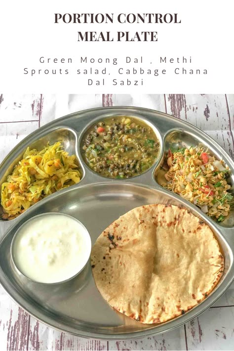 Portion Controlled Meals Indian, One Portion Meals, Healthy Indian Meals, Portion Controlled Meals, Salad Cabbage, Meal Plate, Indian Fast Food, Lunch Recipes Indian, Dal Makhani