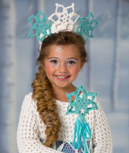 Wonderful Winter Princess Tiara and Wand ~ easy level ~ FREE - CROCHET ~ make the dress also  found on this board also Girls Crochet Hats, Crochet Crown, Crochet Costumes, Crochet Princess, Crochet Kids Hats, Winter Princess, Crochet Halloween, Snow Princess, Easy Crochet Patterns Free