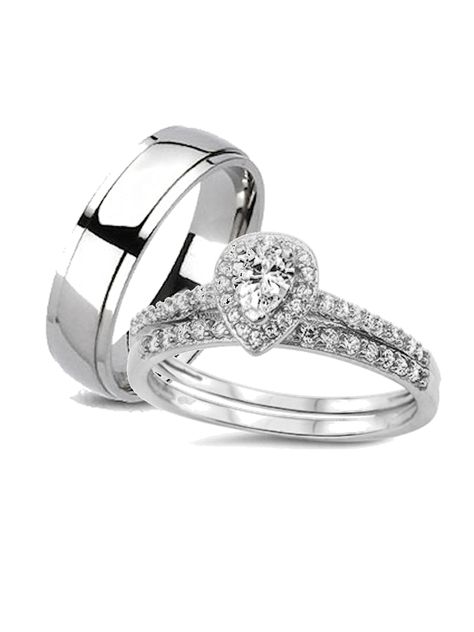 His and Hers Halo Style Wedding Ring Set Matching Wedding Bands for Him ( Titanium) and Hers (Sterling Silver) - Walmart.com Wedding Band Tattoos, Cz Wedding Ring Sets, Matching Wedding Ring Sets, Womens Wedding Ring Sets, Band Tattoos, Silver Eternity Ring, Wedding Bands For Him, Matching Wedding Rings, Pear Shaped Ring