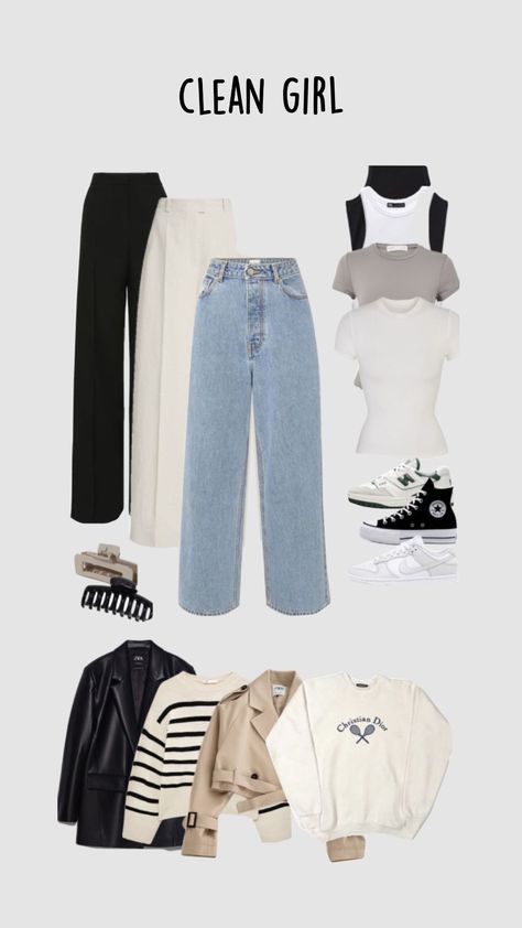 clean girl 🛍️💆🏻‍♀️📖 Clean Girl Outfit Inspo Winter, Vanilla Girl Capsule Wardrobe, Clean Girl Wardrobe Essentials, Clean Girl Casual Outfits, Clean Girl Capsule Wardrobe, Clean Girl Astethic Outfit, Casual Clean Girl Outfit, Clothing Astethic Types, Cute Clean Girl Outfits