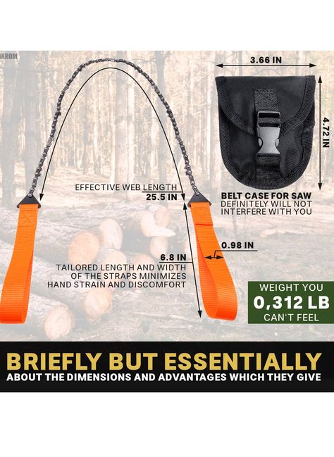 This portable chain saw is about 25 inches long, enough to do a flexible bidirectional motion to cut or prune wood. The chain saw can quickly cut through the wood with 33 bidirectional sharp saw blades., The chain is made with heat-treated Mn steel alloy, toughest and durable, corrosion, and rust-resistant. Come with self-cleaning cutting teeth and soft nylon rope handles. It will not hurt your hands or cause blisters., The chain saw has a foldable design that can be placed in the pocket for backpacking travel. This emergency rescue kit chain saw is lightweight, compact in size, and easy to pack and carry., The emergency rope chain saw has bidirectional teeth, so this survival folding hand saw for trees can cut very quickly. Place it under the wood and pull the blade back and forth with bo