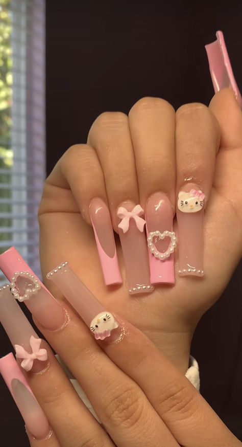 Hello Kitty Valentine’s Day Nails, Cute Easy Valentines Nails, Hello Kitty Valentines Day Nails, Hello Kitty Valentines Nails, Hello Kitty Valentines, Kitty Nails, Fake Nails Designs, Weak Nails, Hello Nails