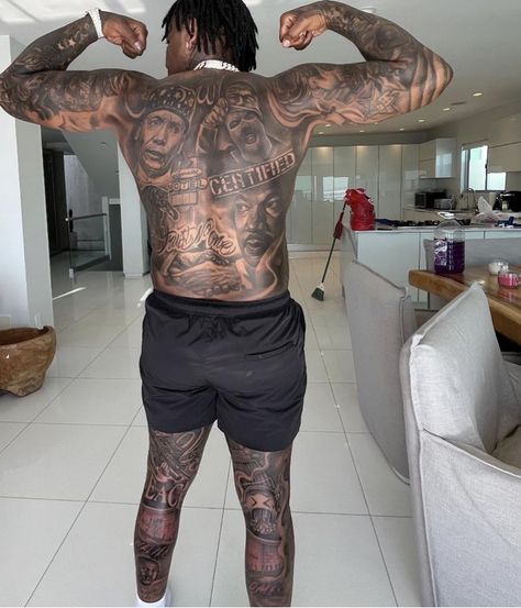 Moneybagg Yo Tattoos, Thug Tattoos Men, Money Bag Yo, Hard Tattoos Men, Memphis Tattoo, Arms Tattoos, Side Body Tattoos, Dark Skin Tattoo, Full Chest Tattoos