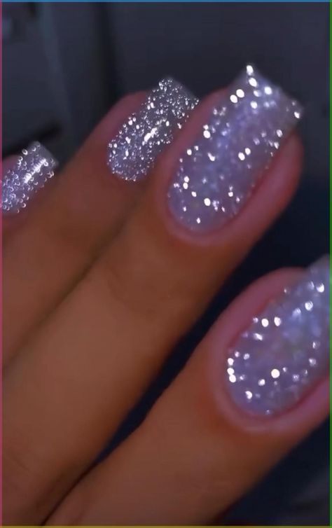 Sparkly Manicure Ideas, Natural Sparkly Acrylic Nails, Short Glitter Nails Sparkle, Fun Glittery Nails, Short Stellato Nails, Summer Glitter Nail Ideas, B Day Nail Ideas, Gliterry Nails Design Short, Blue Sparkly Nail Ideas