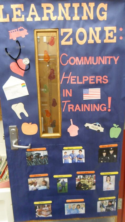 Door display for a unit on community helpers Community Helper Door Decoration, Community Helpers Door Ideas, Curious George Bulletin Board Ideas, Community Helper Bulletin Boards Preschool, Community Helpers Door Decoration, Community Helpers Classroom Decor, Community Helpers Bulletin Board Ideas, Community Helper Bulletin Board Ideas, Community Helpers Bulletin Board