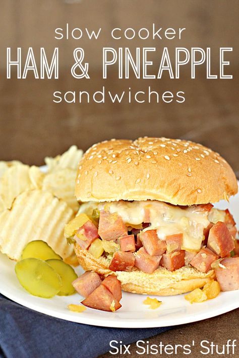 Slow Cooker Ham and Pineapple Sandwich Recipe Pineapple Sandwiches, Ham Pineapple, Ham And Pineapple, Slow Cooker Ham, Six Sisters Stuff, Six Sisters, Leftover Ham, Sandwich Recipe, Crock Pot Cooking