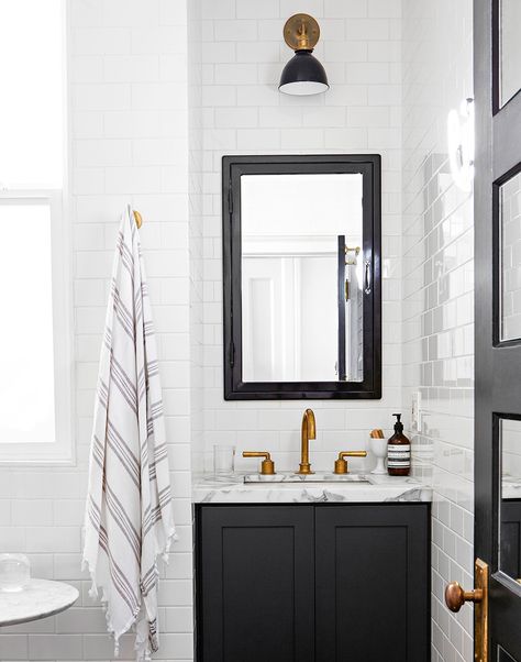 Your Complete Guide to Getting Rid of Bathroom Mold | Better Homes & Gardens Renter Tips, White Subway Tile Bathroom, Room Vanity Ideas, Condo Apartment, Modern White Bathroom, Subway Tiles Bathroom, Mold In Bathroom, Small Bathroom Sinks, Bathroom Cleaning Supplies